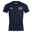 The EMB Canterbury Nebraska Rugby Referee Society Club Dry Tee features a navy blue design with a Nebraska rugby logo on the left chest, a Canterbury logo on the right, and Vapodri Technology for breathability during workouts.