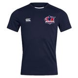 The EMB Canterbury Nebraska Rugby Referee Society Club Dry Tee features a navy blue design with a Nebraska rugby logo on the left chest, a Canterbury logo on the right, and Vapodri Technology for breathability during workouts.