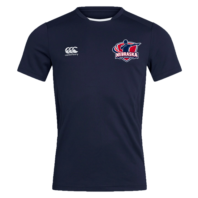 The EMB Canterbury Nebraska Rugby Referee Society Club Dry Tee features a navy blue design with a Nebraska rugby logo on the left chest, a Canterbury logo on the right, and Vapodri Technology for breathability during workouts.
