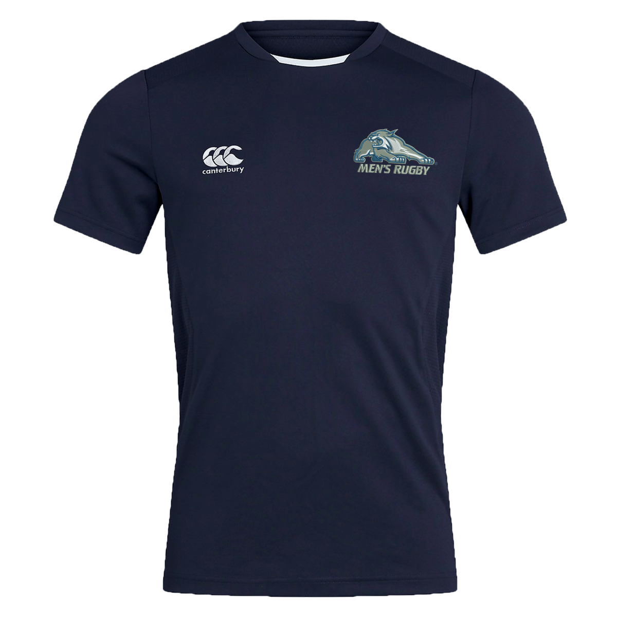 Navy blue short-sleeved University of New Hampshire Club Dry Tee by Canterbury featuring a wildcat rugby team logo and the text “Men’s Rugby.”