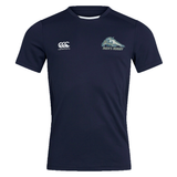 Navy blue short-sleeved University of New Hampshire Club Dry Tee by Canterbury featuring a wildcat rugby team logo and the text “Men’s Rugby.”