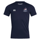 Navy blue short-sleeved SUNY Maritime Men’s Rugby Club Dry Tee by Canterbury with a logo on the right chest and a Maritime Rugby club crest on the left chest.
