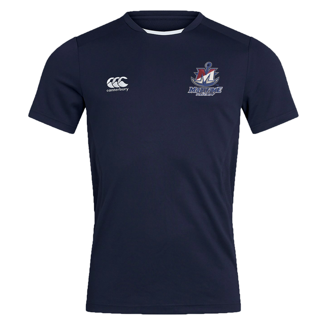 Navy blue short-sleeved SUNY Maritime Men’s Rugby Club Dry Tee by Canterbury with a logo on the right chest and a Maritime Rugby club crest on the left chest.