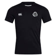 The Missoula All-Maggots Club Dry Tee by EMB Canterbury is a black short-sleeve athletic shirt featuring a white Canterbury logo on the right chest and an eye-catching white spiral graphic on the left chest. Designed with Vapodri Technology, this breathable t-shirt keeps you cool and comfortable during any activity.