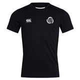 The Missoula All-Maggots Club Dry Tee by EMB Canterbury is a black short-sleeve athletic shirt featuring a white Canterbury logo on the right chest and an eye-catching white spiral graphic on the left chest. Designed with Vapodri Technology, this breathable t-shirt keeps you cool and comfortable during any activity.