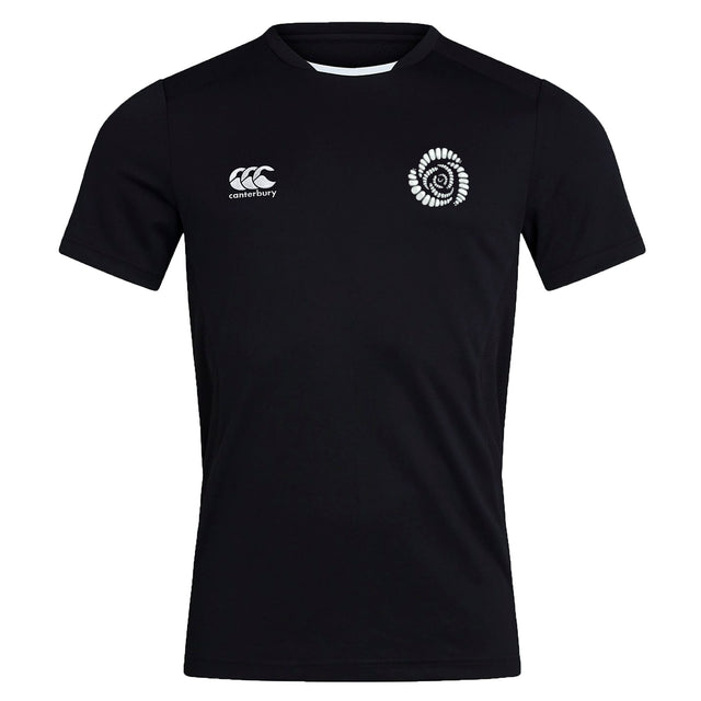 The Missoula All-Maggots Club Dry Tee by EMB Canterbury is a black short-sleeve athletic shirt featuring a white Canterbury logo on the right chest and an eye-catching white spiral graphic on the left chest. Designed with Vapodri Technology, this breathable t-shirt keeps you cool and comfortable during any activity.
