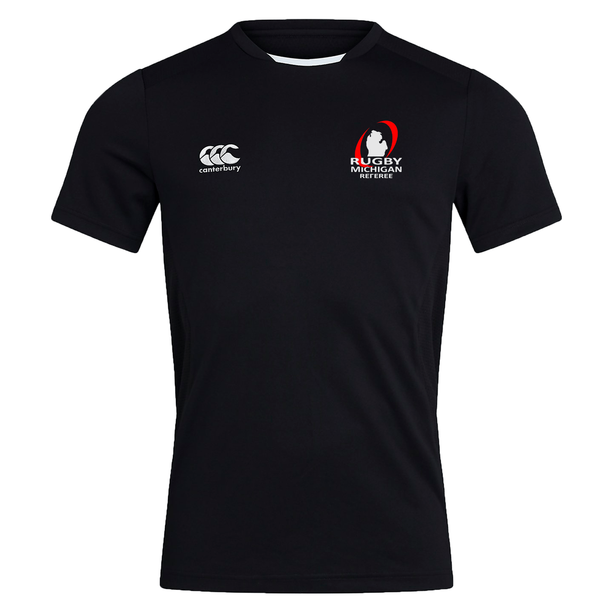 The Rugby Michigan Referee Society Club Dry Tee by EMB Canterbury is a black tee that showcases the "Rugby Michigan" logo on the right chest and the Canterbury logo on the left. Featuring Vapodri Technology, it provides a breathable fit for optimal comfort both on and off the field.
