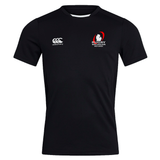 The Rugby Michigan Referee Society Club Dry Tee by EMB Canterbury is a black tee that showcases the "Rugby Michigan" logo on the right chest and the Canterbury logo on the left. Featuring Vapodri Technology, it provides a breathable fit for optimal comfort both on and off the field.