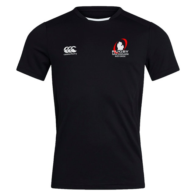 The Rugby Michigan Referee Society Club Dry Tee by EMB Canterbury is a black tee that showcases the "Rugby Michigan" logo on the right chest and the Canterbury logo on the left. Featuring Vapodri Technology, it provides a breathable fit for optimal comfort both on and off the field.