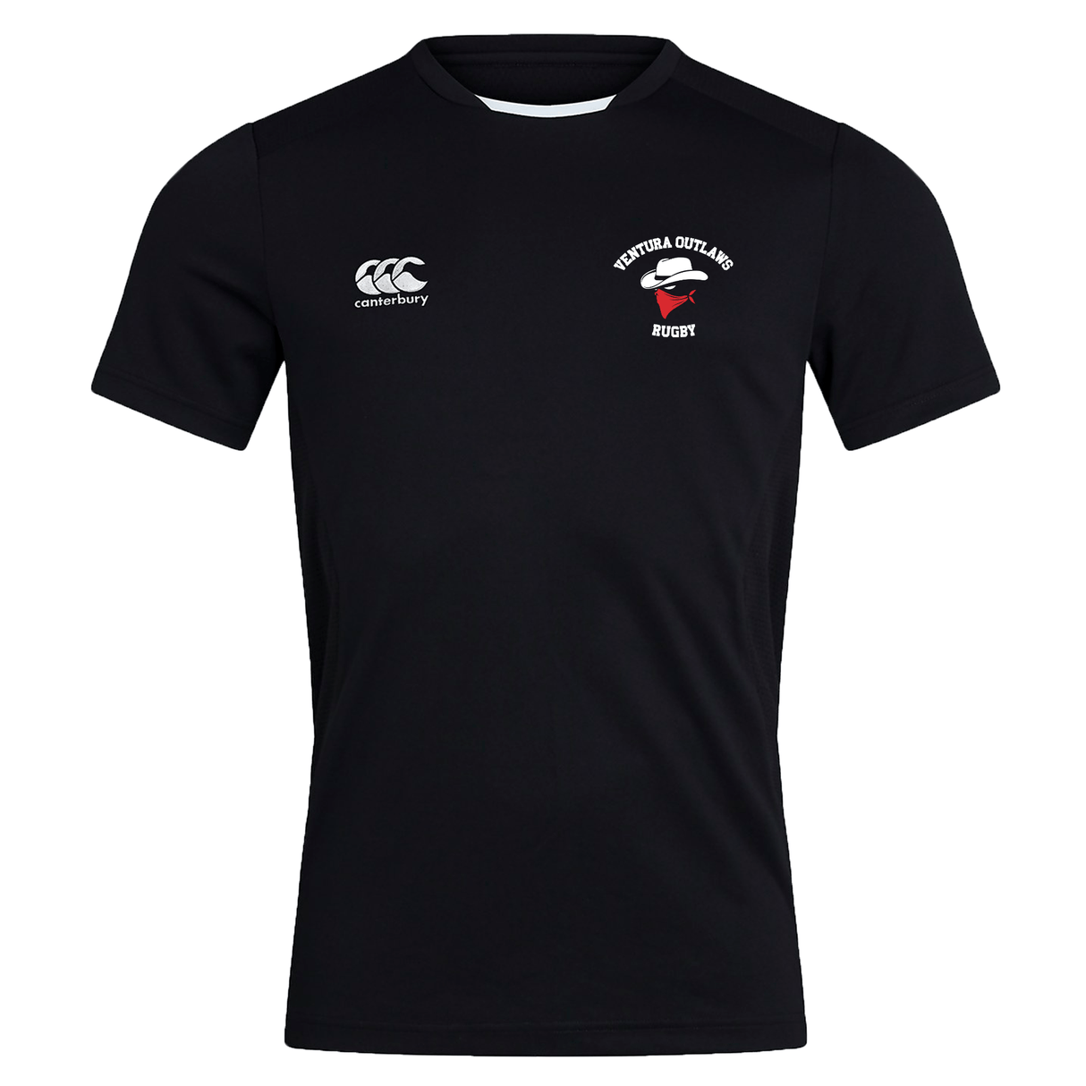 The Ventura Outlaws Rugby Club Dry Tee by EMB Canterbury is a black short-sleeve sports shirt featuring the "Canterbury" logo on the right chest and the "Ventura Outlaws Rugby" emblem on the left chest. It’s made with Vapodri technology for ultimate comfort.
