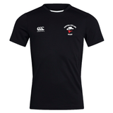 The Ventura Outlaws Rugby Club Dry Tee by EMB Canterbury is a black short-sleeve sports shirt featuring the "Canterbury" logo on the right chest and the "Ventura Outlaws Rugby" emblem on the left chest. It’s made with Vapodri technology for ultimate comfort.