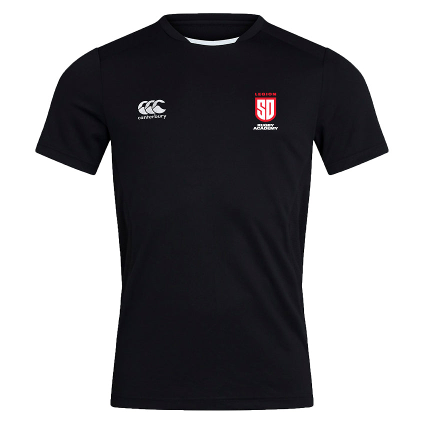 The San Diego Legion Rugby Academy 3-Piece Bundle by Fast Bundle includes a black sports shirt featuring Canterbury and red/white SD Legion Rugby logos. With Vapodri Technology, it keeps you cool and dry, perfect for pairing with rugby shorts during intense training.