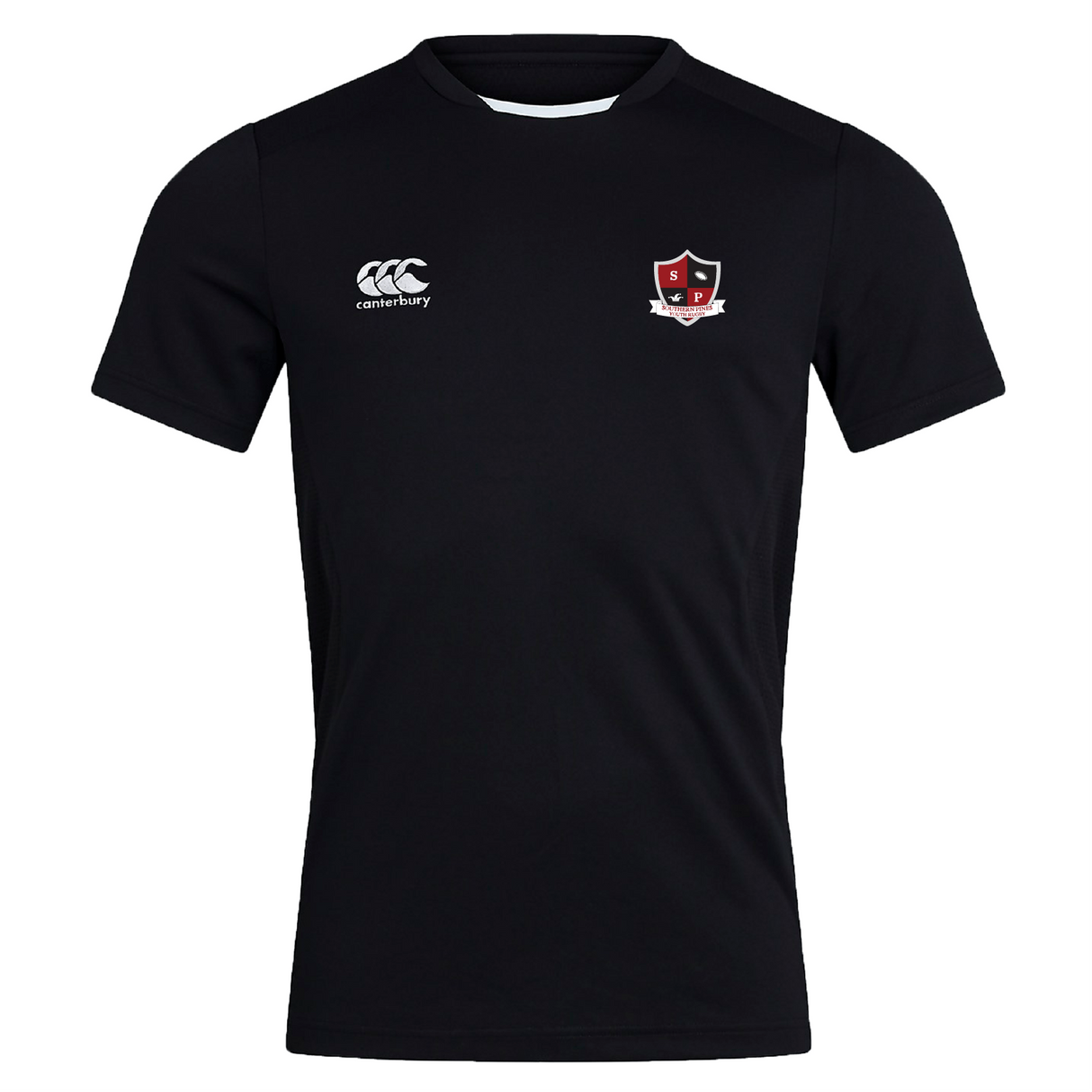 The Southern Pines Youth Rugby Club Dry Tee by EMB Canterbury is a black jersey with a Canterbury logo on the right chest and a shield emblem on the left. It features Vapodri Technology for quick drying and breathable comfort.