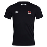 The Southern Pines Youth Rugby Club Dry Tee by EMB Canterbury is a black jersey with a Canterbury logo on the right chest and a shield emblem on the left. It features Vapodri Technology for quick drying and breathable comfort.