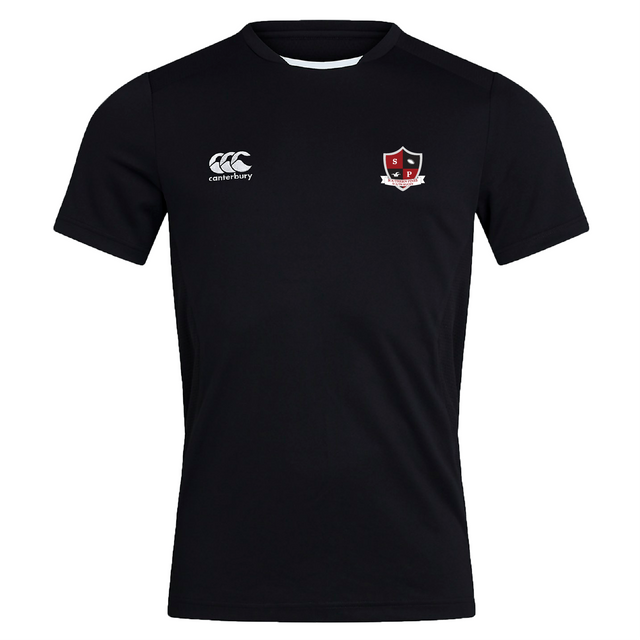 The Southern Pines Youth Rugby Club Dry Tee by EMB Canterbury is a black jersey with a Canterbury logo on the right chest and a shield emblem on the left. It features Vapodri Technology for quick drying and breathable comfort.