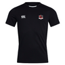 The Southern Pines Youth Rugby Club Dry Tee by EMB Canterbury is a black jersey with a Canterbury logo on the right chest and a shield emblem on the left. It features Vapodri Technology for quick drying and breathable comfort.