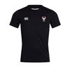 The EMB Canterbury Superior Rugby Club Club Dry Tee is a black short-sleeve t-shirt with the Canterbury logo on the right chest and Salford rugby club crest on the left, crafted with breathable Vapodri Technology for comfort.