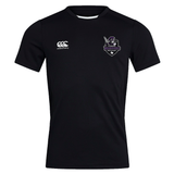 The Cypress Warriors Men's Rugby Club Dry Tee by EMB Canterbury is a black short-sleeve shirt with a team logo on the left chest, Canterbury logo on the right, and moisture-wicking Vapodri tech for all-day comfort.