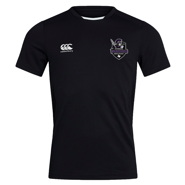 The Cypress Warriors Men's Rugby Club Dry Tee by EMB Canterbury is a black short-sleeve shirt with a team logo on the left chest, Canterbury logo on the right, and moisture-wicking Vapodri tech for all-day comfort.