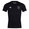 The Cypress Warriors Men's Rugby Club Dry Tee by EMB Canterbury is a black short-sleeve shirt with a team logo on the left chest, Canterbury logo on the right, and moisture-wicking Vapodri tech for all-day comfort.