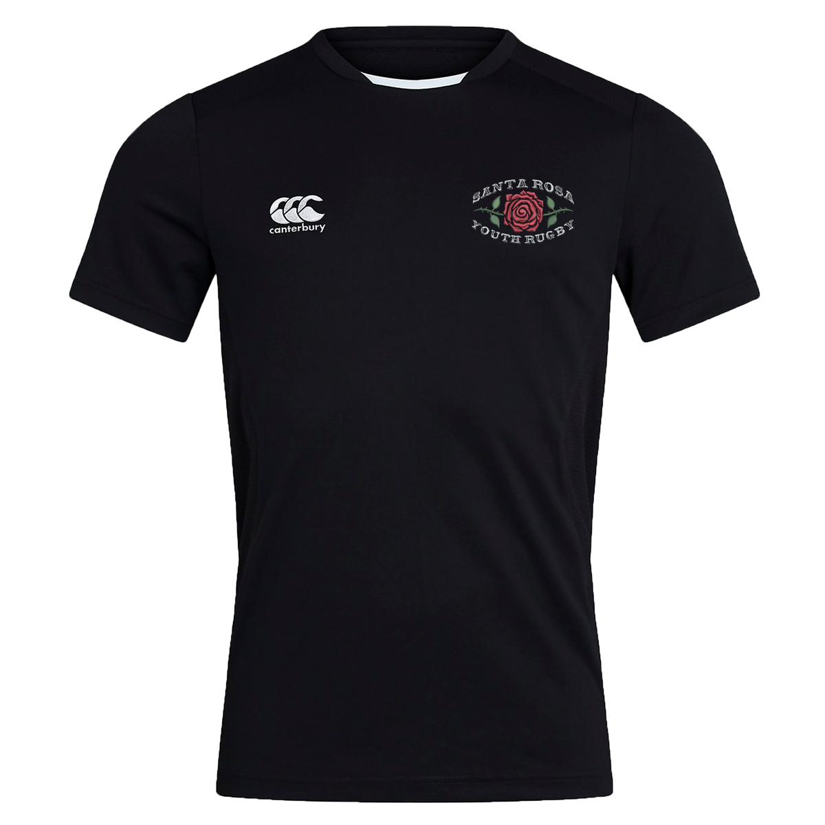 Introducing the Santa Rosa Youth Rugby Club Dry Tee by Canterbury. This black short-sleeve performance shirt from EMB Canterbury features a white Canterbury logo on the right chest and the “Santa Rosa Youth Rugby” emblem with a red rose on the left chest. Made as a Club Dry T-Shirt, it utilizes Vapodri Technology for breathability, helping to keep you cool and comfortable during every match or training session.