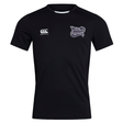 Black short-sleeve girls’ rugby shirt featuring Vapodri Technology, with the EMB Canterbury logo on the right chest and Valley Panthers logo on the left chest. This breathable Club Dry Tee by Canterbury ensures comfort and dryness, making it an ideal choice for active training sessions.