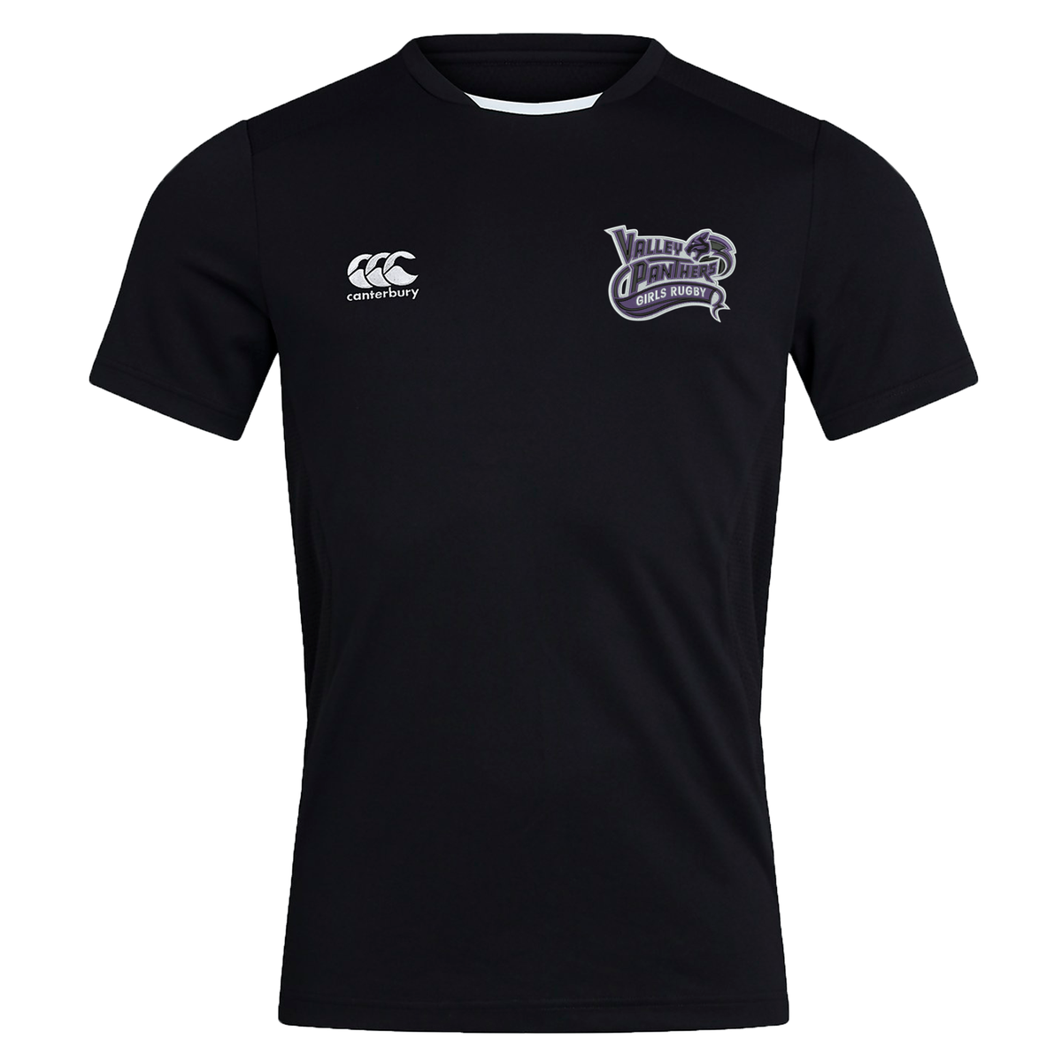 Black short-sleeve girls’ rugby shirt featuring Vapodri Technology, with the EMB Canterbury logo on the right chest and Valley Panthers logo on the left chest. This breathable Club Dry Tee by Canterbury ensures comfort and dryness, making it an ideal choice for active training sessions.