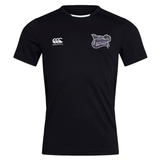 Black short-sleeve girls’ rugby shirt featuring Vapodri Technology, with the EMB Canterbury logo on the right chest and Valley Panthers logo on the left chest. This breathable Club Dry Tee by Canterbury ensures comfort and dryness, making it an ideal choice for active training sessions.
