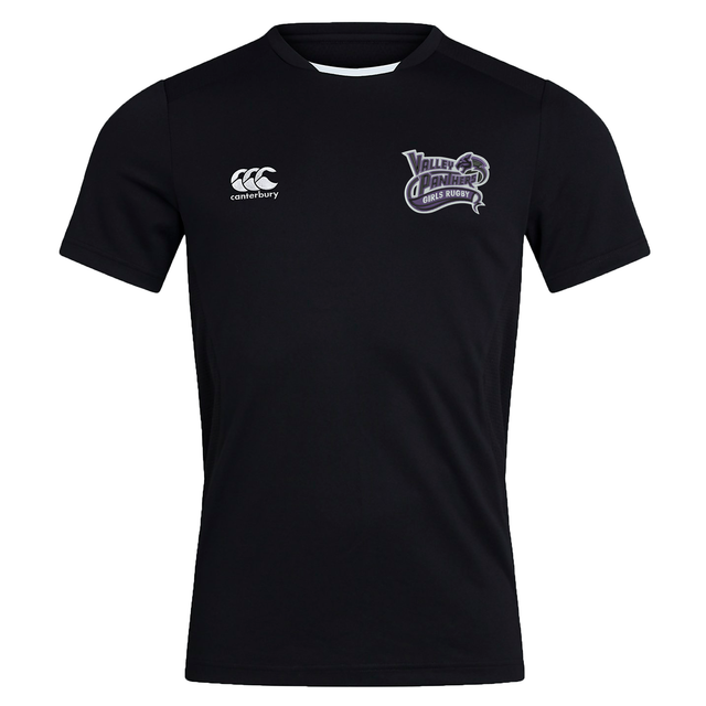 Black short-sleeve girls’ rugby shirt featuring Vapodri Technology, with the EMB Canterbury logo on the right chest and Valley Panthers logo on the left chest. This breathable Club Dry Tee by Canterbury ensures comfort and dryness, making it an ideal choice for active training sessions.
