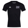 Black short-sleeve girls’ rugby shirt featuring Vapodri Technology, with the EMB Canterbury logo on the right chest and Valley Panthers logo on the left chest. This breathable Club Dry Tee by Canterbury ensures comfort and dryness, making it an ideal choice for active training sessions.