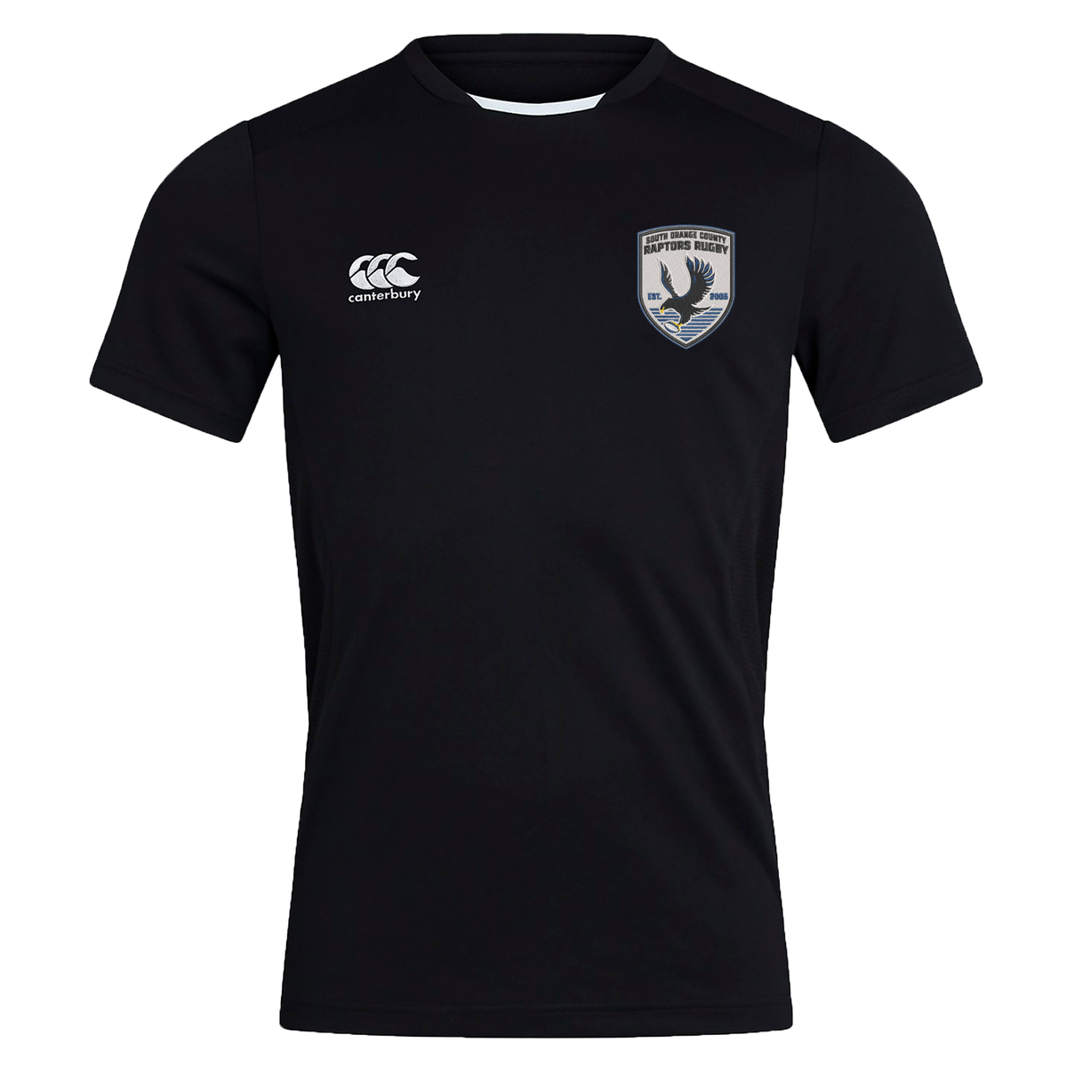 The South Orange County Raptors Club Dry Tee by EMB Canterbury is a black, short-sleeved athletic shirt featuring the Canterbury logo and a chest crest with an eagle and text. Incorporating Vapodri Technology, this breathable workout tee keeps you cool and comfortable during intense training sessions.