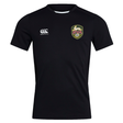 The RVA T.R.C. Club Dry Tee by EMB Canterbury is a black short-sleeve rugby shirt featuring a white Canterbury logo on the right chest and a gold, red, and green RVA badge on the left chest. Designed as a Club Dry T-Shirt with Vapodri Technology, this breathable workout tee provides excellent comfort and moisture management for intense training sessions.