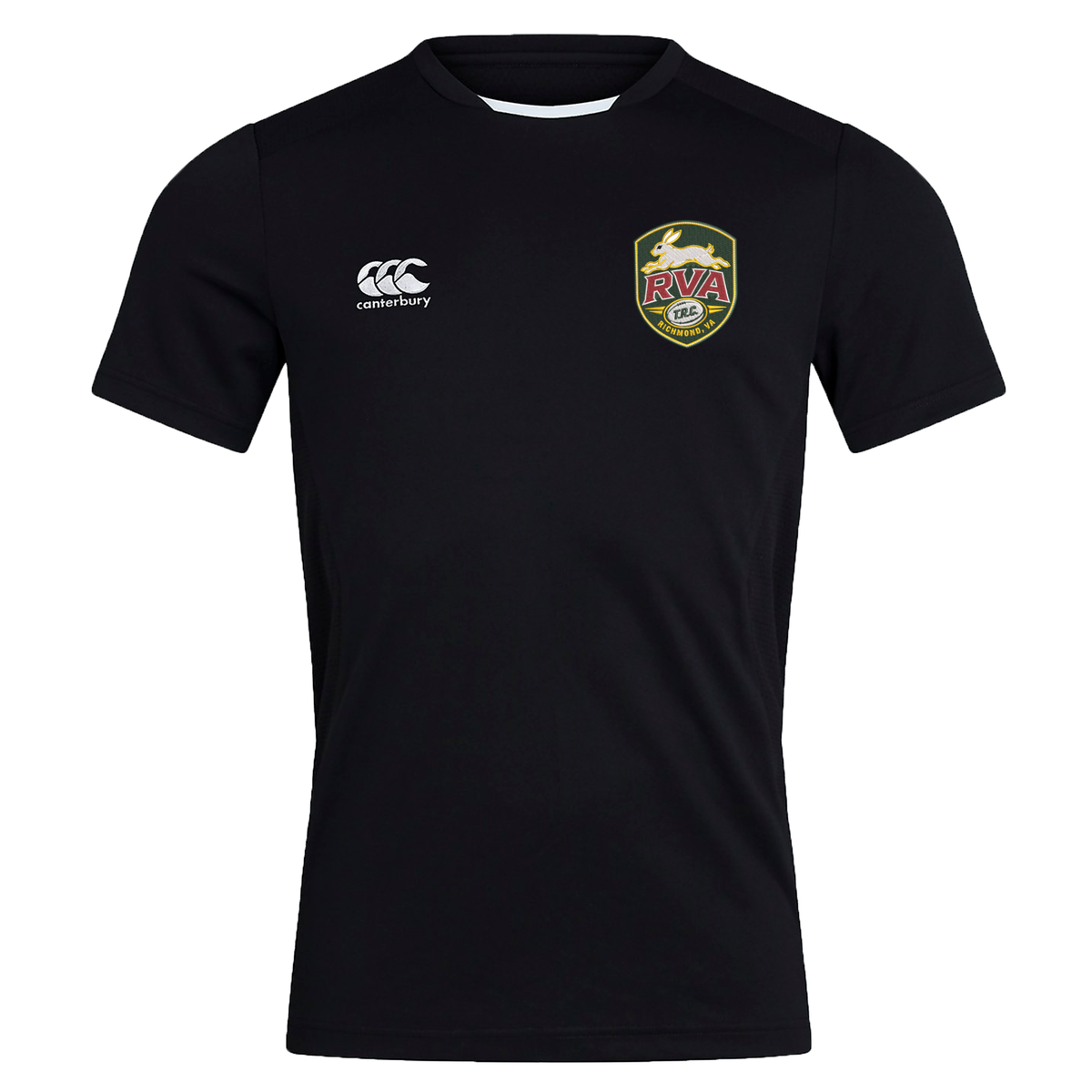 The RVA T.R.C. Club Dry Tee by EMB Canterbury is a black short-sleeve rugby shirt featuring a white Canterbury logo on the right chest and a gold, red, and green RVA badge on the left chest. Designed as a Club Dry T-Shirt with Vapodri Technology, this breathable workout tee provides excellent comfort and moisture management for intense training sessions.