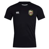 The RVA T.R.C. Club Dry Tee by EMB Canterbury is a black short-sleeve rugby shirt featuring a white Canterbury logo on the right chest and a gold, red, and green RVA badge on the left chest. Designed as a Club Dry T-Shirt with Vapodri Technology, this breathable workout tee provides excellent comfort and moisture management for intense training sessions.