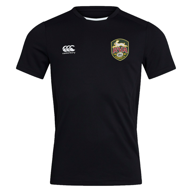 The RVA T.R.C. Club Dry Tee by EMB Canterbury is a black short-sleeve rugby shirt featuring a white Canterbury logo on the right chest and a gold, red, and green RVA badge on the left chest. Designed as a Club Dry T-Shirt with Vapodri Technology, this breathable workout tee provides excellent comfort and moisture management for intense training sessions.