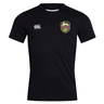 The RVA T.R.C. Club Dry Tee by EMB Canterbury is a black short-sleeve rugby shirt featuring a white Canterbury logo on the right chest and a gold, red, and green RVA badge on the left chest. Designed as a Club Dry T-Shirt with Vapodri Technology, this breathable workout tee provides excellent comfort and moisture management for intense training sessions.