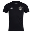 Black short-sleeved ICRON Club Dry Tee by Canterbury featuring a brand logo and a shield-shaped rugby club emblem on the chest.