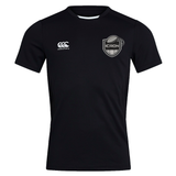 Black short-sleeved ICRON Club Dry Tee by Canterbury featuring a brand logo and a shield-shaped rugby club emblem on the chest.