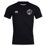 Black short-sleeved ICRON Club Dry Tee by Canterbury featuring a brand logo and a shield-shaped rugby club emblem on the chest.