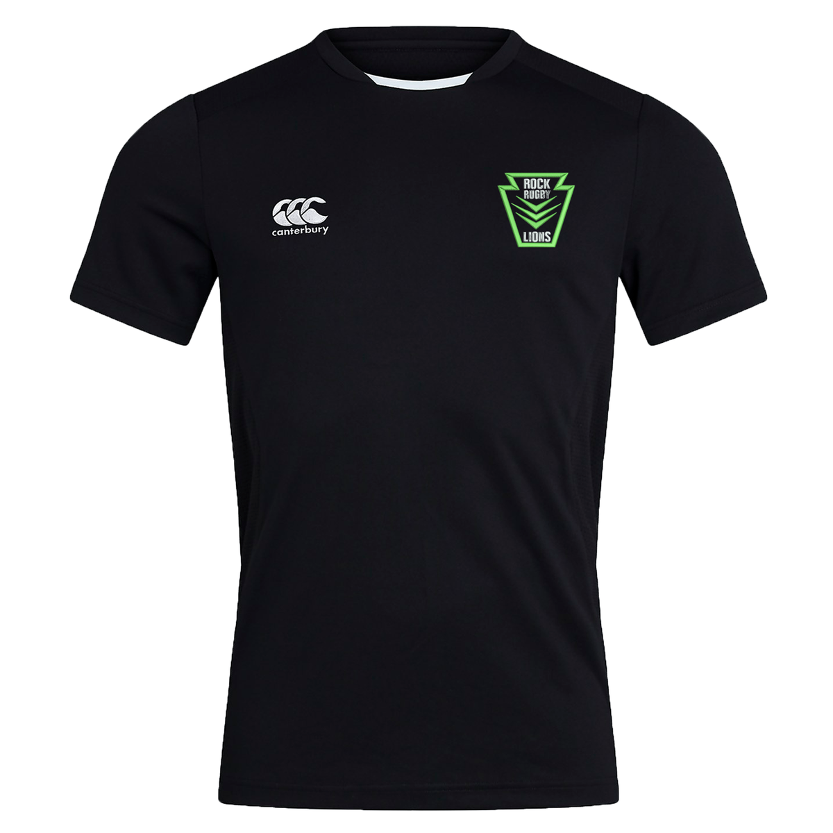 Black Vapodri Rock Rugby Club Dry Tee by Canterbury with a white logo on the right chest and a green and black “Rock Rugby Lions” shield emblem on the left chest.