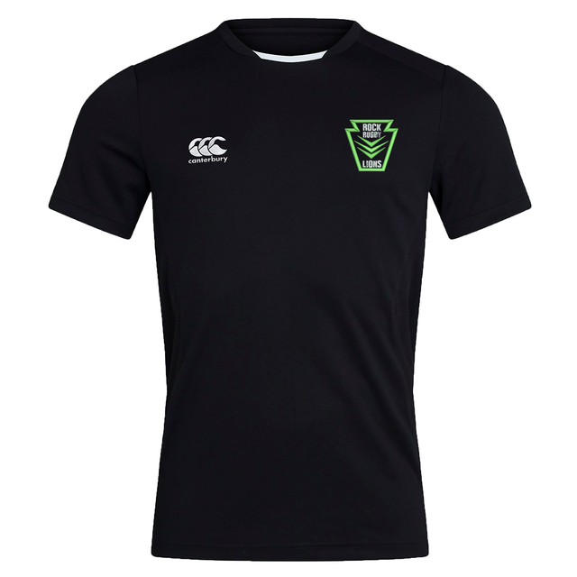 Black Vapodri Rock Rugby Club Dry Tee by Canterbury with a white logo on the right chest and a green and black “Rock Rugby Lions” shield emblem on the left chest.