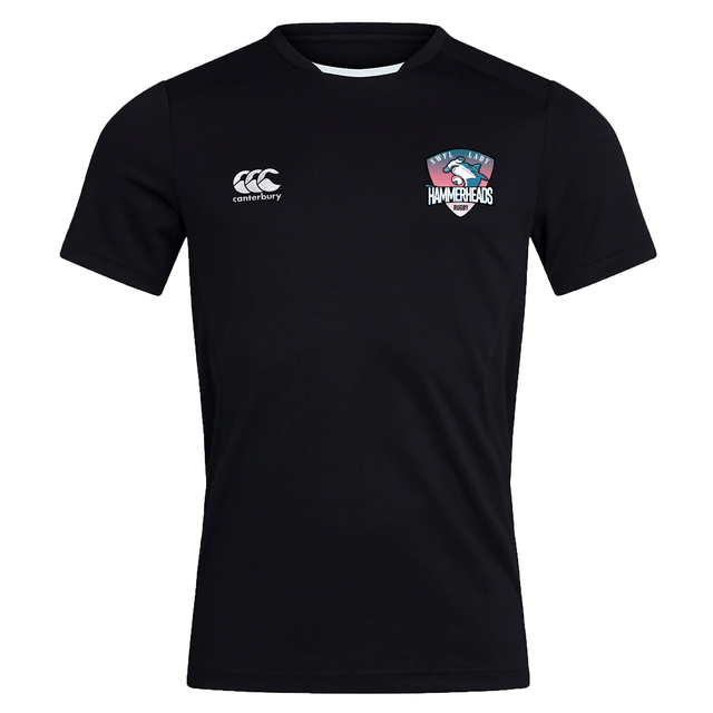 The SWFL Lady Hammerheads Club Dry Tee by WRS Canterbury is a black short-sleeve workout shirt with a "HAMMERHEADS" logo on the right chest and a white Canterbury logo on the left, featuring Vapodri Technology for comfort and performance.