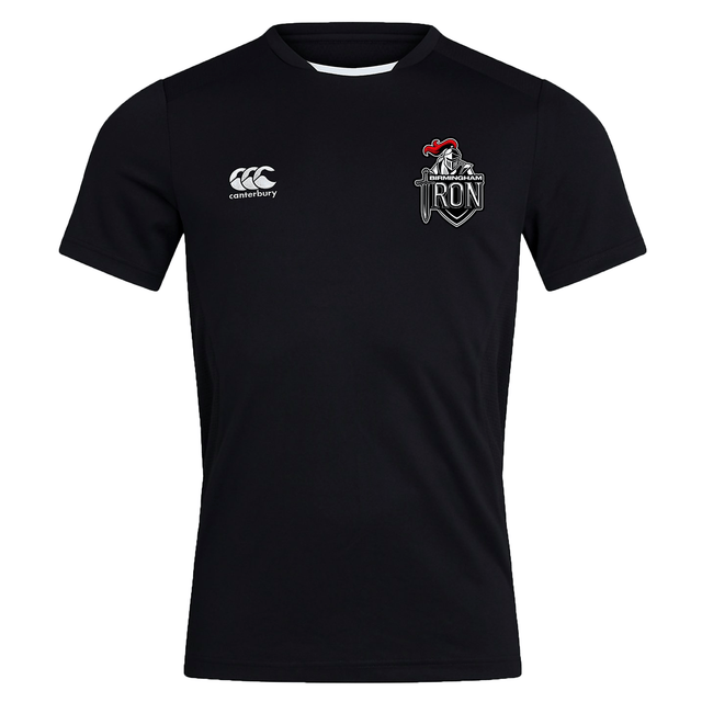 The Birmingham Iron Women's Football Club Dry Tee by EMB Canterbury is a black short-sleeve sports jersey with Canterbury and Iron Knights crests, crafted with Vapodri technology for superior moisture wicking.