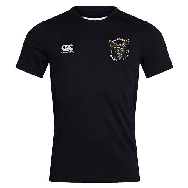 The Hornets Rugby Club 1977 Club Dry Tee by EMB Canterbury is a black short-sleeve rugby shirt featuring Canterbury’s signature Vapodri Technology for advanced moisture management, with a Canterbury logo on the right and a Hornets Rugby Club crest with a yellow hornet on the left.