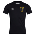 The Spartan Youth Rugby Club Dry Tee by EMB Canterbury is a black, short-sleeved performance shirt with a "Spartan Rugby" left chest logo and "Canterbury" right chest logo, designed for breathability during workouts.