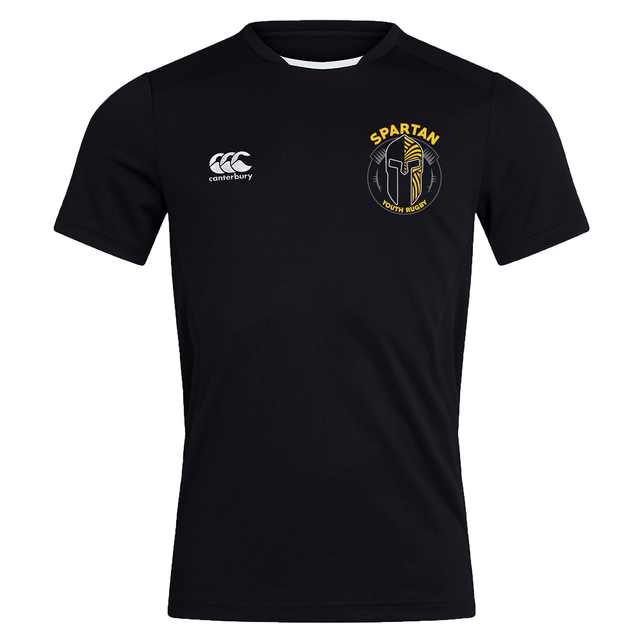 The Spartan Youth Rugby Club Dry Tee by EMB Canterbury is a black, short-sleeved performance shirt with a "Spartan Rugby" left chest logo and "Canterbury" right chest logo, designed for breathability during workouts.