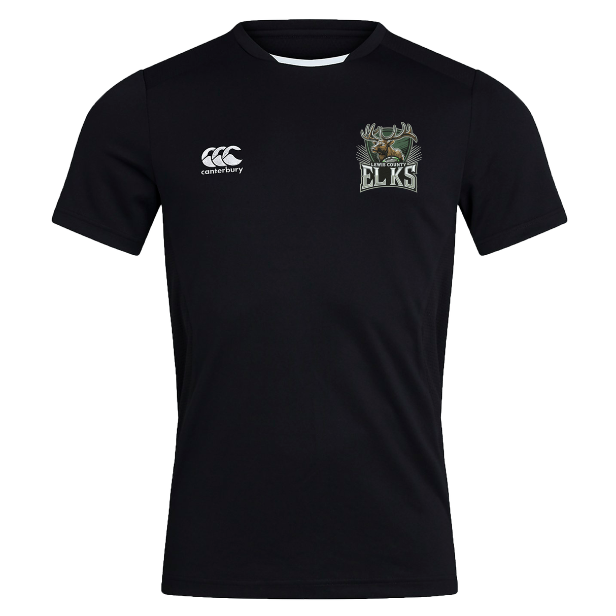 Introducing the Lewis County Elks Club Dry Tee by EMB Canterbury—a black short-sleeve athletic shirt featuring the Canterbury logo on the right chest and an “Elks” emblem with an elk head on the left chest. Made with Vapodri Technology for superior moisture wicking, this tee keeps you cool and comfortable during any activity.