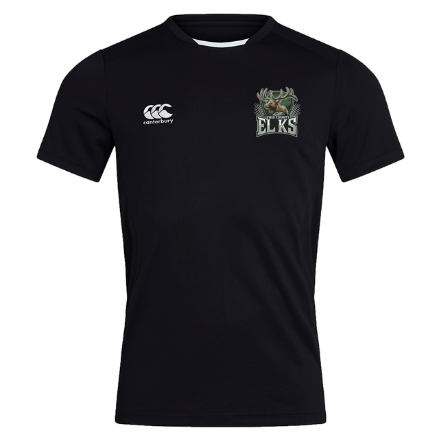 Introducing the Lewis County Elks Club Dry Tee by EMB Canterbury—a black short-sleeve athletic shirt featuring the Canterbury logo on the right chest and an “Elks” emblem with an elk head on the left chest. Made with Vapodri Technology for superior moisture wicking, this tee keeps you cool and comfortable during any activity.