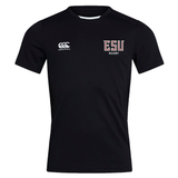 The East Stroudsburg University Club Dry Tee by EMB Canterbury is a black short-sleeve workout shirt with "ESU RUGBY" on the left chest, Canterbury logo on the right, and Vapodri Technology for breathable comfort during training.