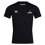 The Chicago Riot Club Dry Tee by EMB Canterbury is a black short-sleeve athletic shirt with Vapodri Technology, featuring the Canterbury logo on the right chest and Chicago Riot badge on the left to keep you cool and dry.
